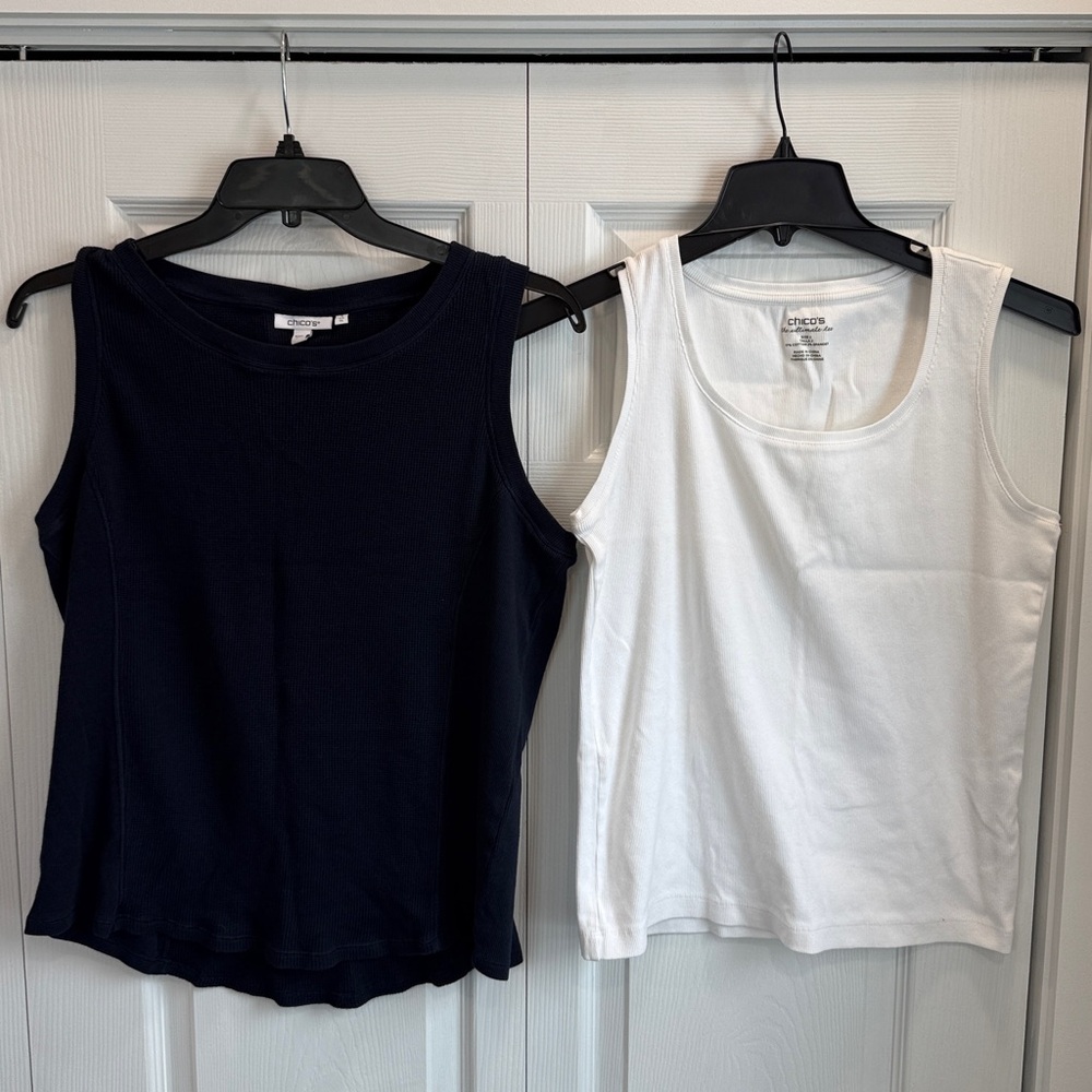 Chico’s Ultimate Tee White Cotton Tank Top Size 2 Large (12) Navy Blue 3 XL (14)